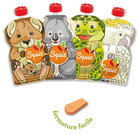 Lot de 4 Gourdes Réutilisables 130ml | Collection Australie | Pour Bébé, Enfant et Adulte | Compotes, Purées, et Smoothies | Étanches, Durables et Écologique | Fabriquées en Suisse | Squiz