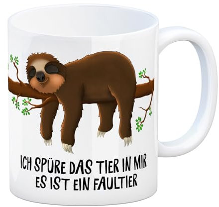 trendaffe Kaffeebecher mit Faultier im Büro Motiv und Spruch: Ich spüre das Tier in mir es ist ein Faultier