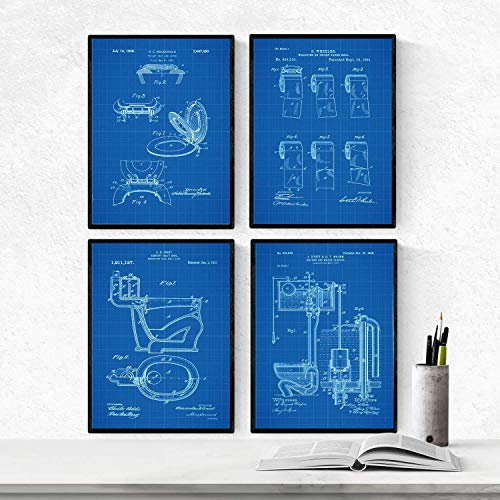 Nacnic BLAU Badezimmer Patent Poster 4er-Set. Vintage Stil Wanddekoration Abbildung von Toiletten, Klopapier und Alte Erfindungen. Verschiedene geometrische Klempnerei Bilder ohne Rahmen. Größe A4.