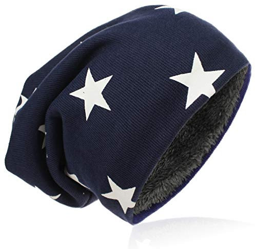Kinder Jersey Slouch Beanie Long warme Mütze Unisex Unifarbe Winter Trend (49-51cm Kopfumfang, Weiss Stern-Dunkelblau)