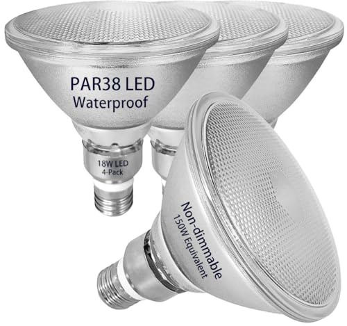 Glass Reflector PAR38 LED Bulbs,Warm White Light,18W,Indoor/Outdoor Flood Light,Waterproof,4-Pack,150W Halogen Equivalent,LED PAR38 Soft White 3000K,E26,120V,No-dimmable.