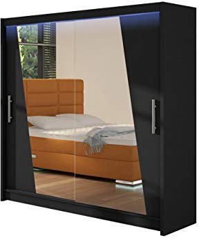 Mirjan24 Kleiderschrank London XIV, Frontspiegel, Schwebetürenschrank, Schlafzimmerschrank, Schlafzimmer, Garderobe, Aluminium-Gleitschienen (Schwarz + Spiegel, mit RGB LED Beleuchtung)