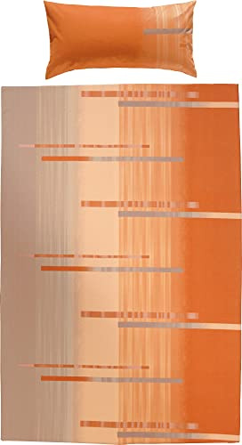 Erwin Müller Bettwäsche, Bettgarnitur Flanell orange-Taupe Größe 40x80 cm / 155x220 cm - flauschig warm, temparaturausgleichend, pflegeleicht, mit praktischem Reißverschluss (weitere Größen)