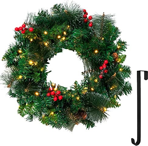Joiedomi Künstlicher Weihnachtskranz, mit 50 LED-Lichtern, dekoriert mit roten Beeren, Tannenzapfen und glitzernden Tannennadeln für Weihnachtsdekorationen (batteriebetrieben