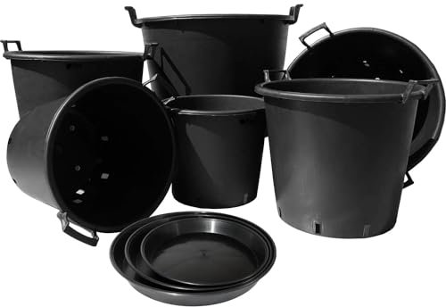 Elixir Gardens Large Strong Outdoor Plastic Plant Pot With Handles | 30, 35, 50, 75, 90, 110 & 130 L Sizes with Optional Saucers | Tree, Shrub & Garden Container/Feed Bucket | 50 Litre x 5