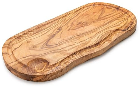 Erreke Tabla Cortar Cocina, Madera Olivo Natural, Tabla Madera Cocina, Tabla Cortar Cocina Madera Olivo, para Servir, Picar, Carne Barbacoa Quesos Pan Aperitivos Tapas, Artesanal (39x18cm con ranura)