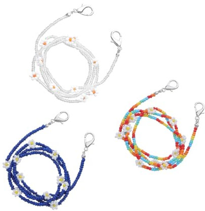 3 Stück Brillenkette Damen - Stilvolle Blumenperlen Brillenband & Maskenhalter, Anti-Verlust & Rutschfest, 70 Cm (Weiß, Bunt, Blau)