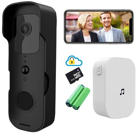 1080P HD Smart Video Doorbell Camera Wireless Battery Powered WiFi Home Security Door Camera Motion-Activated Push Alert Live-View Night-Vision Waterproof Two-Way Talk with Chime Bell and 32GB SD Card