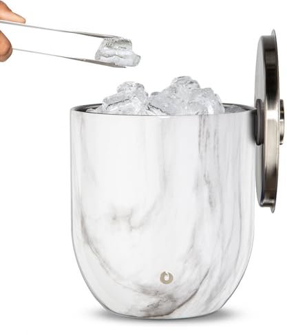 SNOWFOX Premium Vacuum Insulated Stainless Steel Ice Bucket with Lid/Tongs, Non-Rubber Bottom, Home Bar Accessories, Bartending Ice Buckets for Parties, Outdoor Entertaining Supplies, 3L, Marble