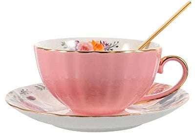 Jiotouhu Ensemble de tasses avec cuillère, tasse à thé et soucoupe vintage en céramique - Tasse à thé élégante avec cuillère et soucoupe - Tasses à thé royales en porcelaine,Rose (235 ml)