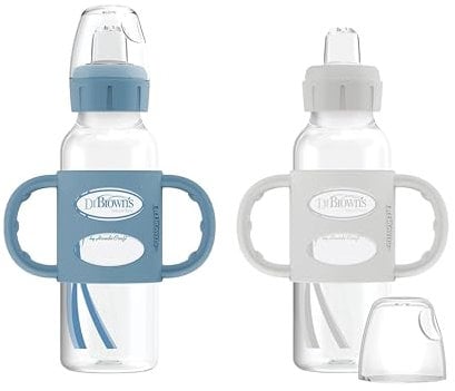 Dr. Brown’s® Milestones™ Narrow Sippy Bottle with 100% Silicone Handles, Easy-Grip Bottle with Soft Sippy Spout, 8oz/250mL, BPA Free, Light-Blue & Gray, 2 Pack, 6m+