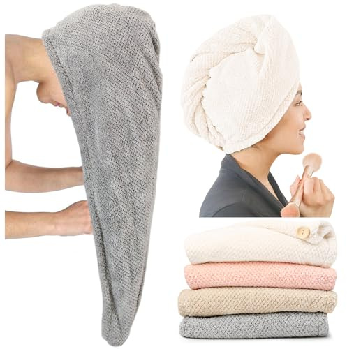 ROLSHOL Förpackning med 4 extra stora mikrofiberhanddukar för kvinnor, superabsorberande och snabbtorkande, snabbtorkande handdukar med knapp, turbaner för lockigt hår, långt kort hår, | Superabsorberande, snabbtorkande hårtorkshandduk med knapp, anti-frissigt hårturban för lockigt, långt och kort hår