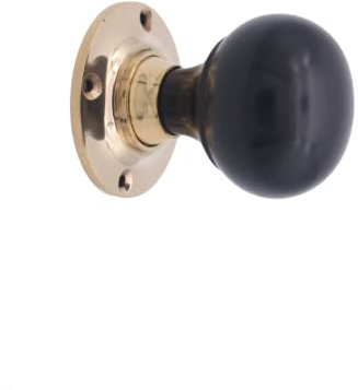 Infinity Decor Ebony Wood Door Knobs/Ebony Bun Mortice - Rim Door Knob Set/Retro Style Vintage Country Cottage Period Home Door Handles (3 Finishes) (Polished Brass)