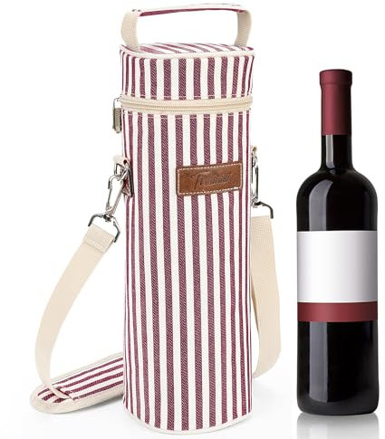 Kato Tirrnia 1 Bouteille Sac de Glace Isotherme Sac à vin Portable Sac à vin avec Sangles pour Pique-Nique fête BYOB Restaurant dégustation de vin vin Rayures Rouges 10 cm x 34 cm