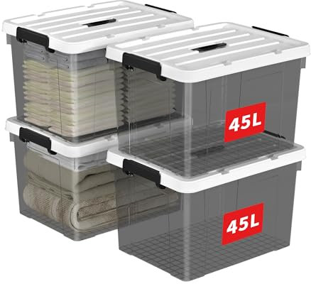 Cetomo 45L*4 Storage Boxes, Carry Plastic Storage Box with Lids, Organizing Container with Handle and Secure Latching Buckles, Stackable, Nestable, Tote Bin for Home Clothes, 45L-4Pack, Clear Black
