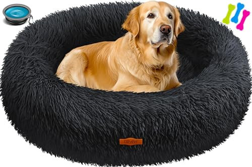 Lovpet® Hundebett Hundekissen Katzenbett Bagel, Waschbar, Inkl. Napf + 3X Kauknochen, Hundesofa flauschig Kissen Rund aus Plüsch für Kleine, Mittelgroße & Große Hunde, Katzen [XXL, Ø 80cm Schwarz]