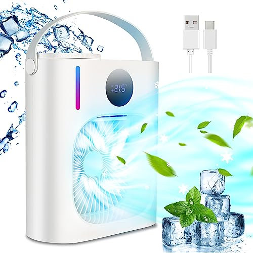 900ML Condizionatore Portatile Raffreddatore D'aria 4 in 1 Mini Climatizzatore Portatile con 12H Timer, 3 Velocità, 2 Modalità di Nebbia, 7 LED Colori Variabili, Maniglia, Adatto per da Casa, Ufficio