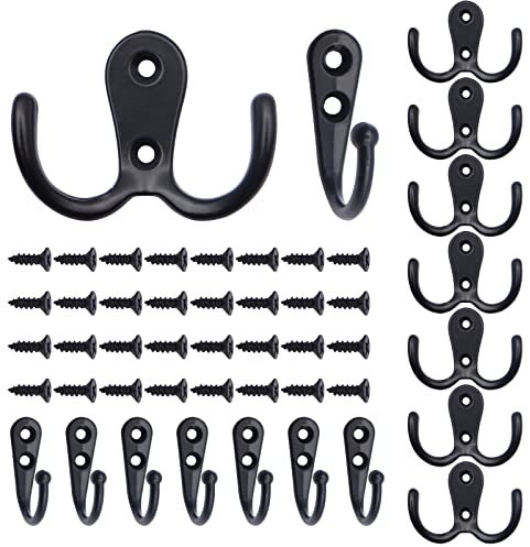 VEGCOO 16 Pcs Coat Hooks, 8 Pcs Double Prong Robe Hooks & 8 Pcs Single Coat Hooks with 32 Screws for Door & Wall, Heavy Duty Metal Door Hooks Clothes Towel Hooks for Hanging Robe Coat Bag Hat (Black)