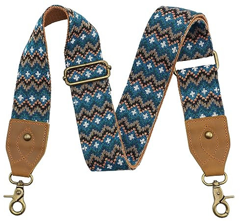 Crazy Horse Geldbörsenriemen aus Leder, breiter Schultergurt, verstellbarer Ersatz, Jacquard-Stickerei, Crossbody-Taschengurte, 5,1 cm, Ethno-Stil, blau, Large