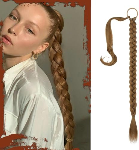 Sofeiyan Braid Extensions Pferdeschwanz Verlängerung mit Haargummi 66cm Lange Geflochtener Ponytail Verlängerung Dunkelblond Natürliches Haarverlängerung Synthetisches Zopf Haarteil für Damen