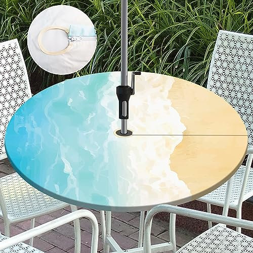 Btrlexp Nappe d'extérieur ronde avec trou de parasol et fermeture éclair, nappe élastique avec trou pour terrasse, pique-nique, fête - Convient aux tables rondes de 114,3 à 132,1 cm de diamètre