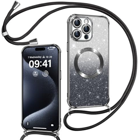 Phoona Handyband Hülle für iPhone 15 Pro Max mit Band [kompatibel mit MagSafe], Luxuriöse Glitzer Beschichtung Magnetische Handyhülle für iPhone 15 Pro Max Silikon Stoßfest Schutzhülle, Schwarz