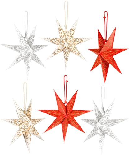 BRUBAKER 6 Papier Sterne Weihnachten - Weihnachtsstern Deko Set - 20 cm Faltsterne Rot Weiß - Großer Baumschmuck Papiersterne - Christbaumschmuck - Weihnachtsbaum und Fenster Dekoration