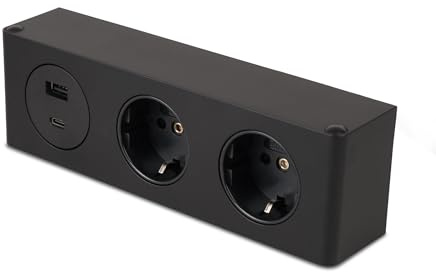 Kalb | Möbel-USB-Ladestation, Unterbaumontage, Vielseitige Powerbox Mit 2 Schukosteckdosen Und USB-Anschlüssen (A Und C), 200x46x62,5 mm, 230V, Einfache Montage Für Elektrogeräte, Schwarz