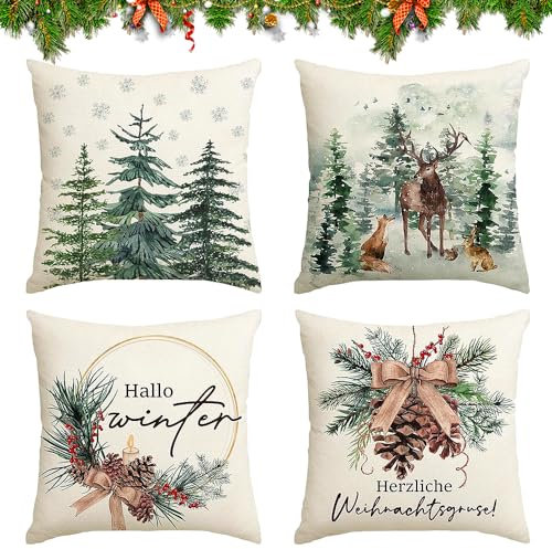 HIQE-FL 4 Stück Kissenbezug Weihnachten,50x50cm Dekorative Kissenhülle,Kissenhülle Weihnachten,Weihnachten Kissenbezug Rehntier,Kissenbezug Weihnachtsmotiv