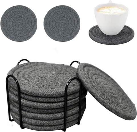 Tootesa Untersetzer für Getränke,8 Stück Handgemachte Untersetzer Gläser mit Halter,Runde Untersetzer aus Baumwolle,Abwaschbar Verschleißfest Tasse Matten Tisch Deko (Grau)
