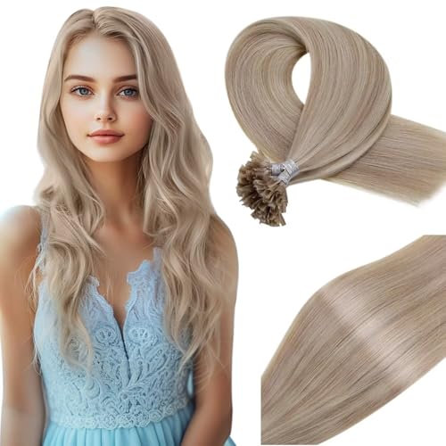 Vivien U Tip Hair Extensions Real Human Hair Blonde 22Inch Nail Tip Hair Extensions Highlight Ash Blonde with Bleach Blonde Utip Human hair Extensions 50g/50s #P18/613