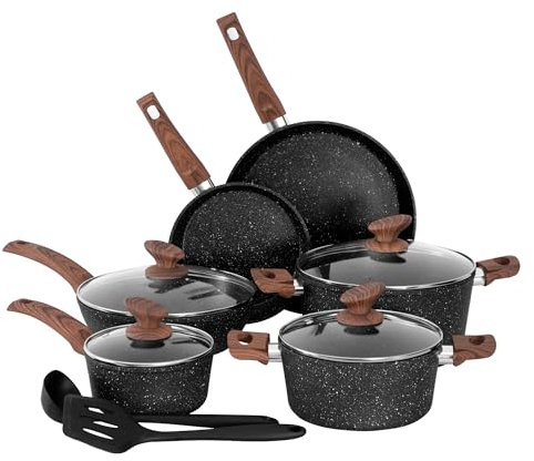 Topf und Pfannenset Topfset 12tlg Antihaft-Versiegelung Kochgeschirr Set mit Deckel, Töpfe und Pfannen set für Induktion, Gasherde und Mikrowelle, Induktions Töpfe Set Schwarz