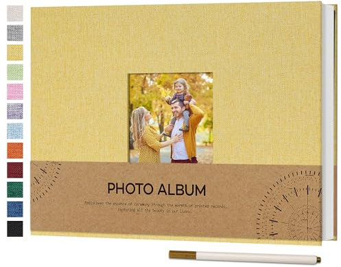 Vienrose Fotoalbum Selbstklebend Einkleben 10x15 Klein Leinen Photo Album mit 60 Weißen Seiten, Hochzeit Jahrestag Geburtstag Fotoalben mit Einem Kugelschreiber, 21,5x30cm, Gelb