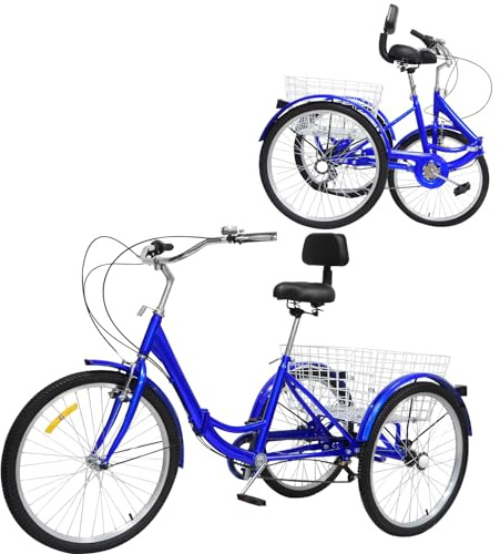 Salmeee 24 Zoll 7 Gang Erwachsenen Faltbares Dreirad mit Korb 3-Rad Erwachsene Senioren Einstellbares Trike Bike Lastenfahrrad für Outdoor-Sport