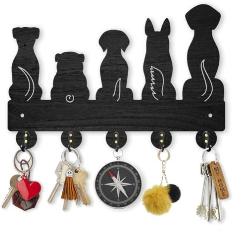 MAYJOYDIY Dog Wall Mount Key Holder 30×20cm Dog Leash Organiser with 5 Alloy Hooks Pet Animal Black Key Rack Hanger for Gift Kitchen Bathroom Clothes Home Decoration