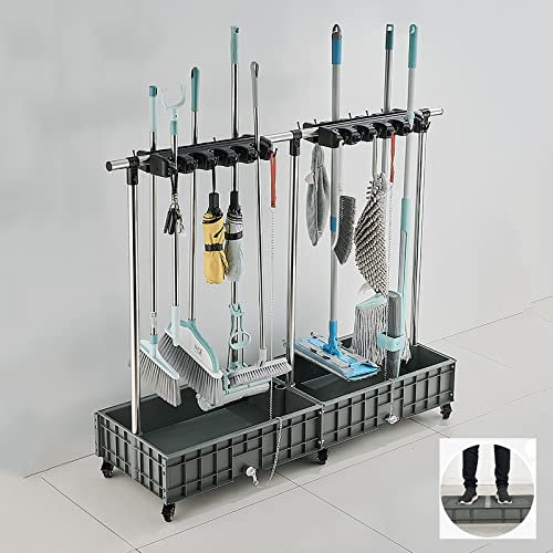 WSMYGS Besen-Mopp-Halter, Mehrzweck-Rack für Mops, mobiler Besenhalter, Mopp-Abflussregal, Besenhalter aus Edelstahl, Nassmopp-Organizer, Trolley, bodenstehendes Garten-Werkzeugregal