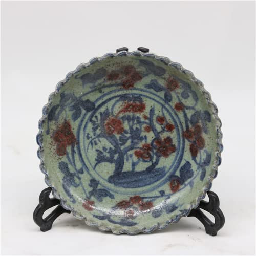 LAXTO Porcelana China,Decoración del hogar de Porcelana Antigua,Plato de Porcelana de peonía roja esmaltada en Azul y Blanco Antiguo Chino de 19 cm