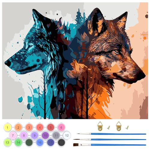 QENSPE Peinture par Numéros Loup pour Adulte, Kit de Peinture sur Toile Bricolage pour Adulte Débutants avec Pinceaux Peinture de Dessin de Pigment Acrylique 40x50cm (Loup Abstrait)