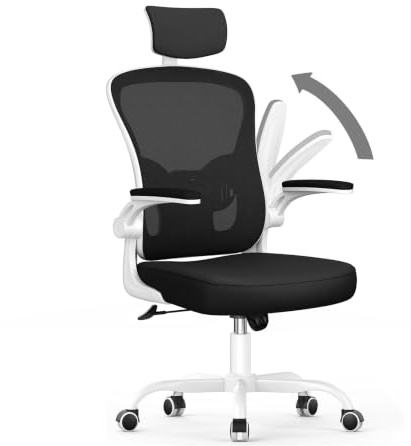 Sedia da Ufficio, Sedia Scrivania con Poggiatesta Regolabile, Bianco E Nero | Sedia Ergonomica per Computer con Braccioli Regolabili e Supporto Lombare per Home Office
