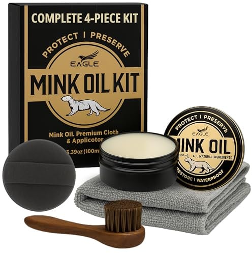 4-in-1 Mink Oil Leather Conditioner Kit – 3.52oz Waterproof Paste with Horsehair Brush, Sponge & Microfiber Cloth – Leather Cleaner & Protector for Boots, Shoes, Jackets, Saddles & Bags