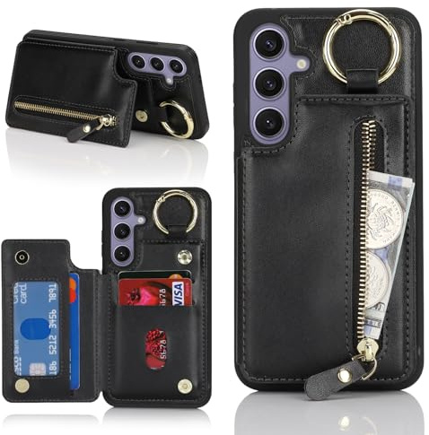 Ｈａｖａｙａ Handyhülle für Samsung Galaxy S24 Plus - Bookcase mit 3-Fach Kartenfach, Reißverschluss-Geldbörse, integriertem Ringständer & Rückklappe - Schwarz