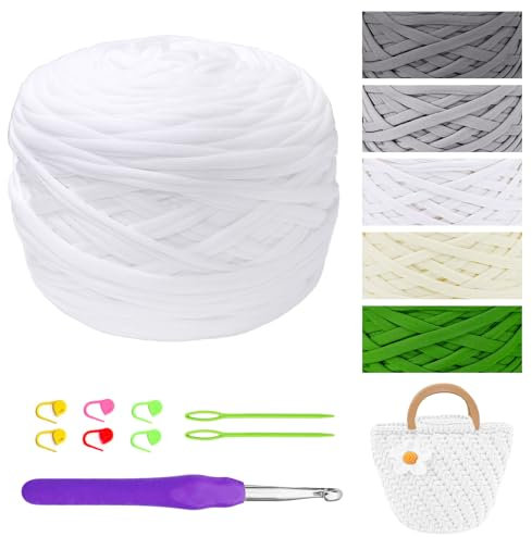 Chingcoo Tshirt Garn, Tshirt Garn Zum Häkeln, Textilgarn, 5 Farben Erhältlich Mit Häkelnadel, Geeignet Für Handgefertigte DIY Puppen, Taschen, Körbe, Kissen, Home Storage Häkelprojekte (Weiß)