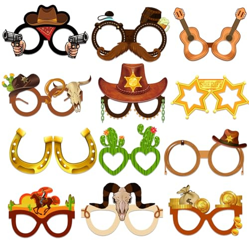 Qpout 24pcs Western Party Decorations,Cowboy Paper Eyeglasses Frame,West Cowboy Photo Booth Props Glasses for Carnival Country Wild West Cowboy Themed Birthday Party Favors Supplies
