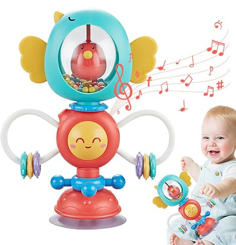 Shitafe Jouet hochet - Jouets sensoriels - Jouet Spinwheel avec Base à Ventouse - Jouet interactif pour Chaise Haute pour bébés et Tout-Petits - 6 Mois et Plus