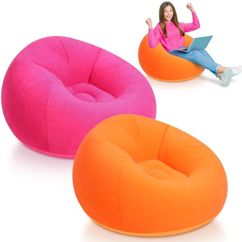 Lunmon 2 Pcs Small Bean Bag Chair Inflatable Chair Blow up Games Sofa Foldable Flocking Inflatable Lazy Sofa Portable Blow up Lounger for Living Room Bedroom (Orange,Rose Red)