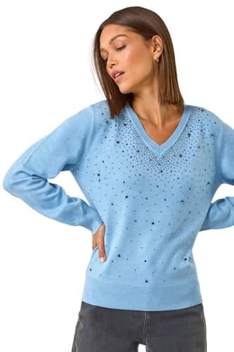 Roman Originals V-Neck Jumper for Women UK Ladies Boyfriend Fit Slouch Sweater Winter Autumn Textured Casual Flattering Knit Pullover Knitwear Daywear Lightweight Lounge - Blue Noir - Size 16