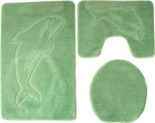 Ilkadim Export 3-teiliges Badset WC Delphin Muster einfarbig, Badteppich 55x85cm, WC-Vorleger mit Ausschnitt für Stand-WC (Hellgrün)