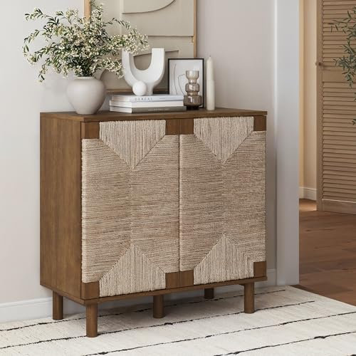 Nathan James Beacon Boho-Akzentschrank mit Türen, freistehender Küchenschrank, Aufbewahrung mit verstellbarer Innenablage und Seegras-Akzent, Dunkelbraun