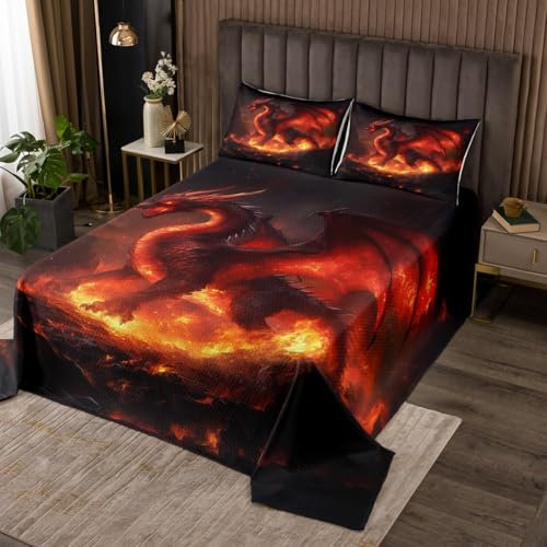 Western Dragon Coverlet Set M Größe,Exotische fliegende Drachen Tier Schwarz Durable Bettdecke für Mädchen Teens,Brennende Feuer rote Flamme Muster Weiche Polyester Quilt Set, mit 2 Kissenbezügen