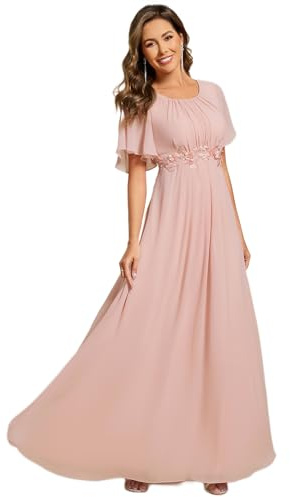 Ever-Pretty Robe de Soirée Femme Moussline Applique Col Rond Manches Courtes Cérémonie Rose 42
